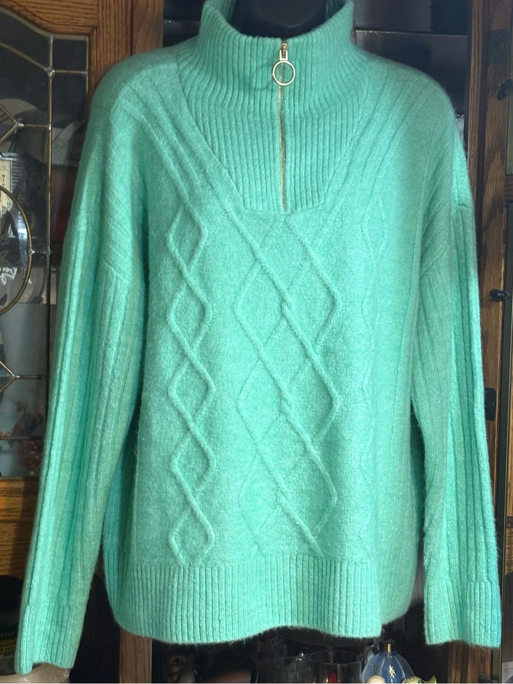 Talbots cable knit half-zip sweater in a soft green color xl